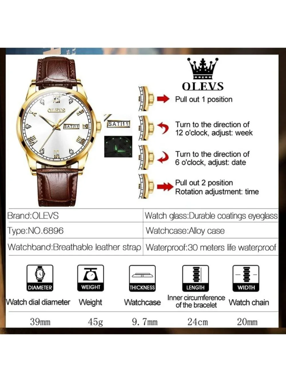 Men's White Fashion Quartz Leather Brown Buckle Waterproof Luminous Round Watch